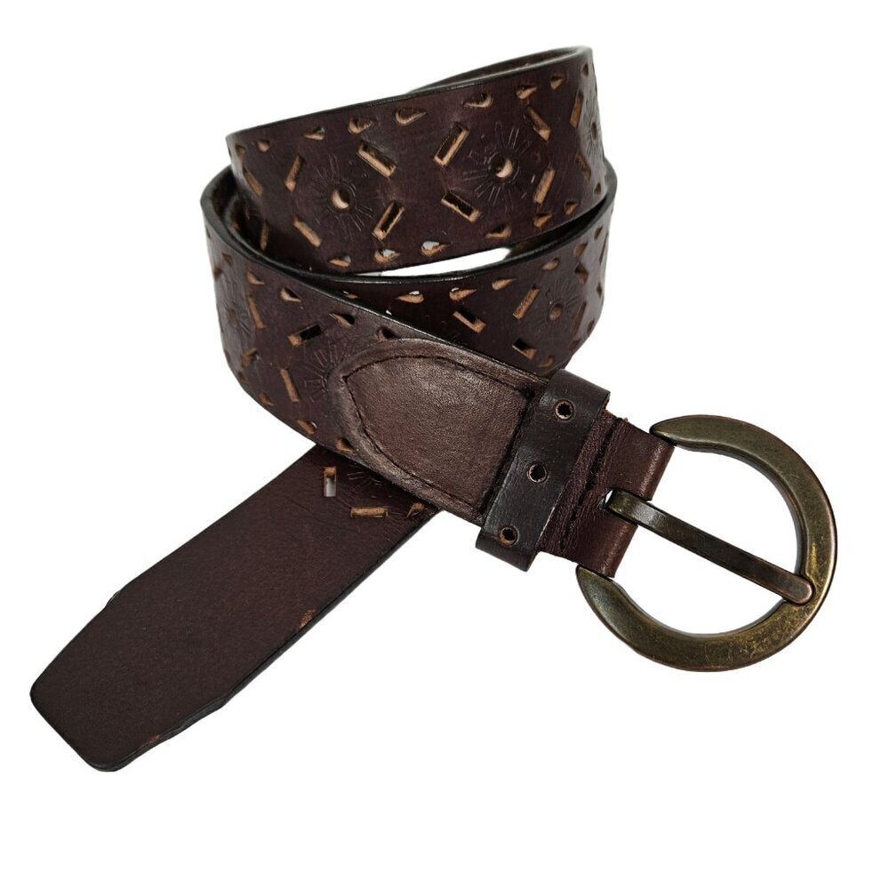 Boho Chocolate Brown Perforated Sunburst Tooled Leather Belt L